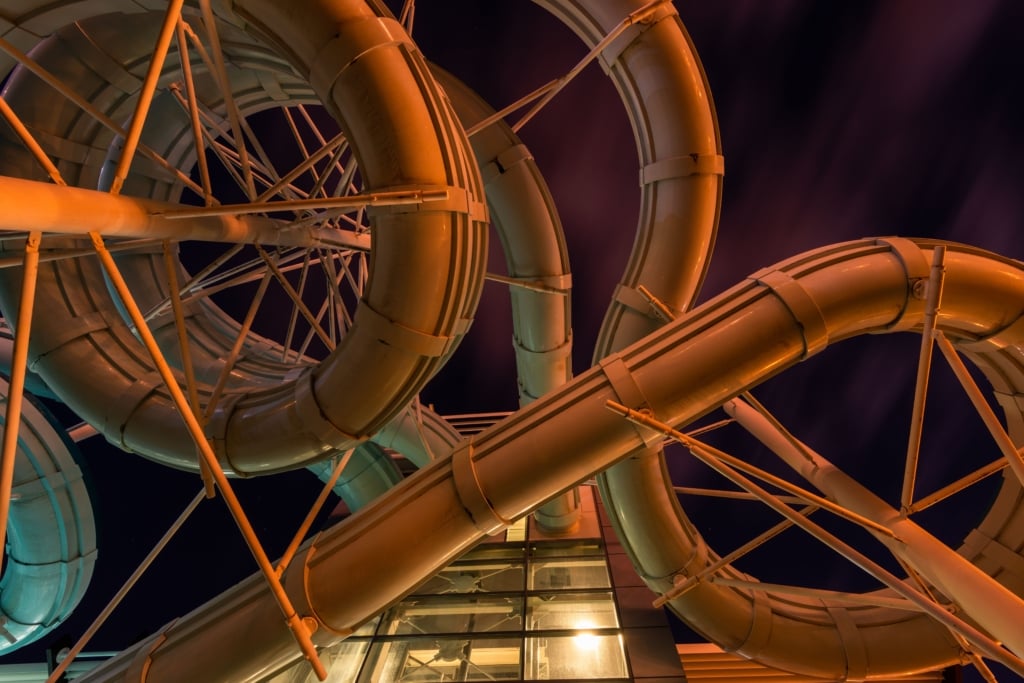 AquaSplash water slide from underneath at night, St. Helier, Jersey, Channel Islands