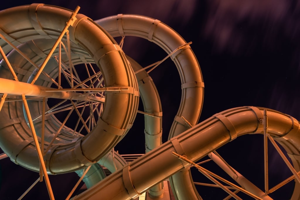 AquaSplash water slide from underneath at night, St. Helier, Jersey, Channel Islands