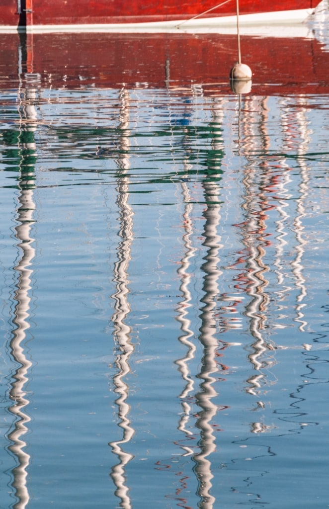 Boat mast reflections from St. Aubin's Pier, St. Aubin's Harbour, St. Aubin, St. Brelade, Jersey, Channel Islands