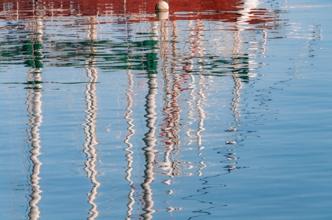 Boat mast reflections from St. Aubin's Pier, St. Aubin's Harbour, St. Aubin, St. Brelade, Jersey, Channel Islands