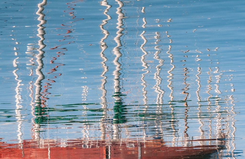 Boat mast reflections from St. Aubin's Pier, St. Aubin's Harbour, St. Aubin, St. Brelade, Jersey, Channel Islands