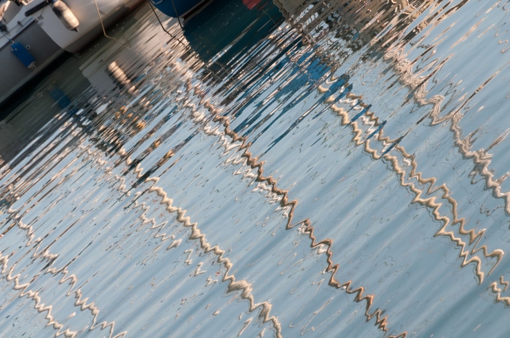 Boat mast reflections from St. Aubin's Pier, St. Aubin's Harbour, St. Aubin, St. Brelade, Jersey, Channel Islands