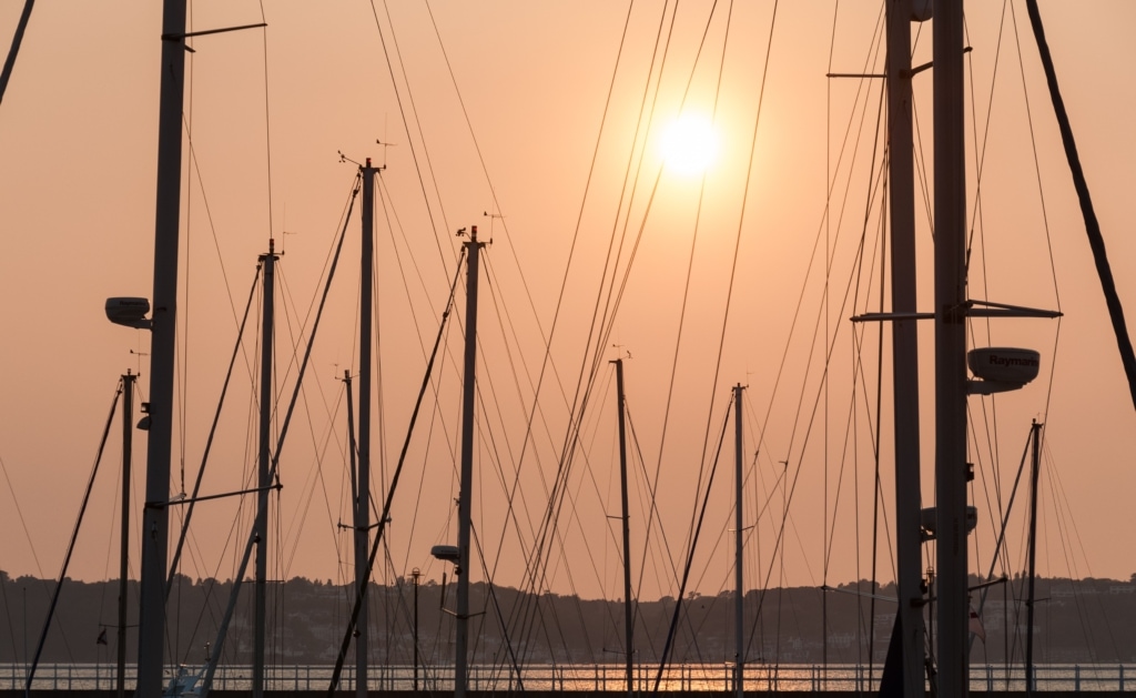 Boat masts at sunset at St. Helier Marina, St. Helier, Jersey, Channel Islands