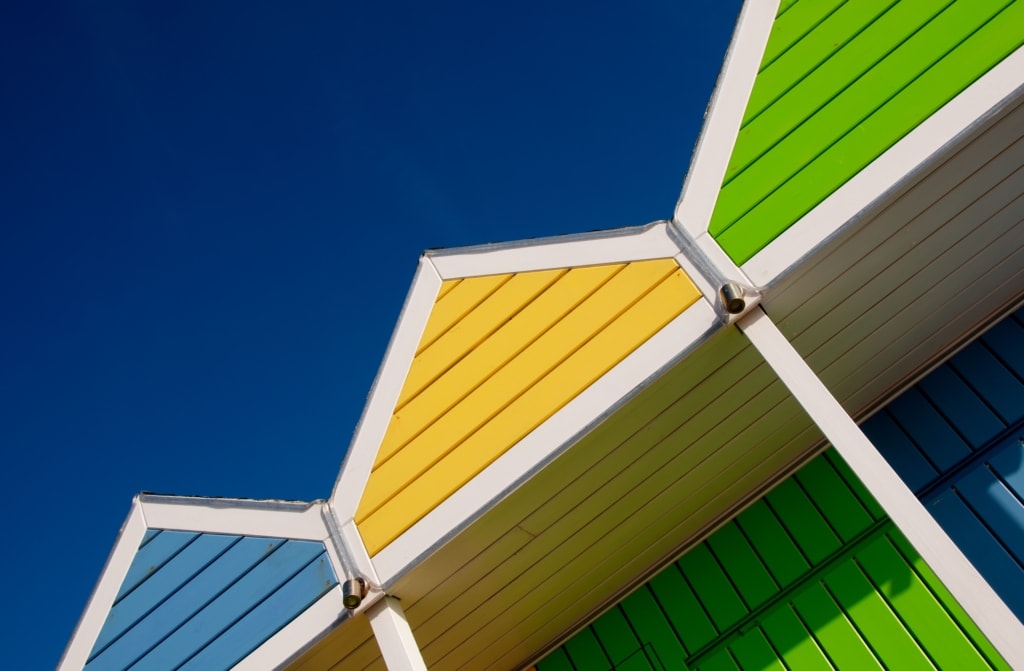 Colourful chalets on Bel Royal Slipway, St. Lawrence, Jersey, Channel Islands