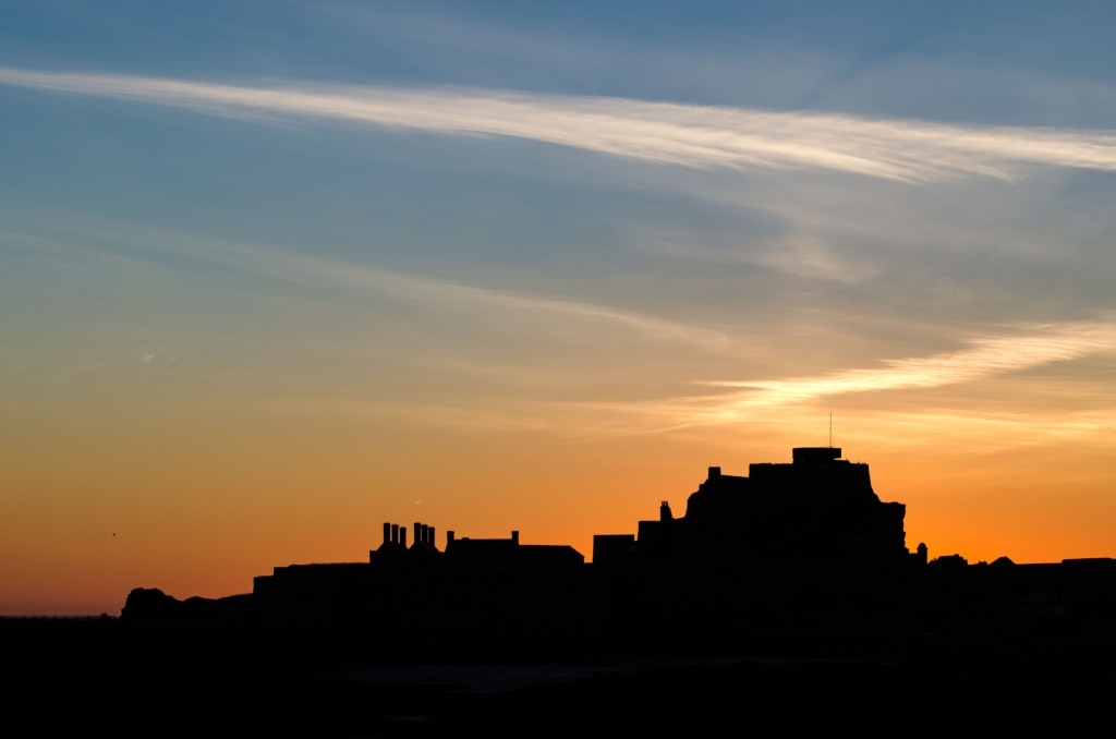 Elizabeth Castle at sunset, St. Helier Marina, St. Helier, Jersey, Channel Islands