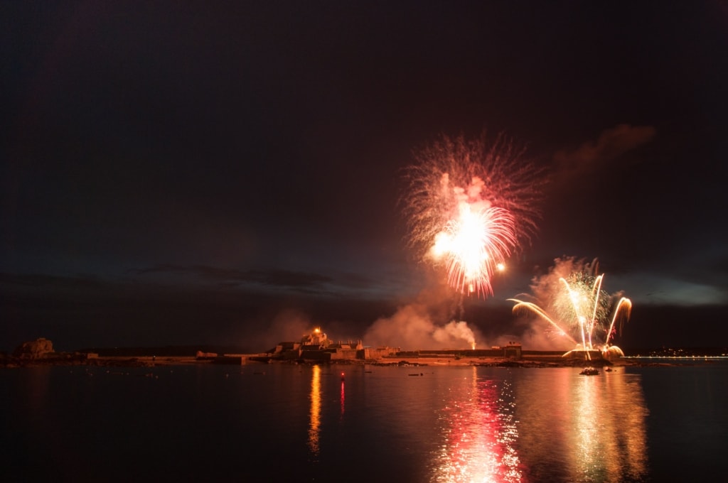 Fireworks over Elizabeth Castle, from La Collette Marina, St. Helier, Jersey, Channel Islands