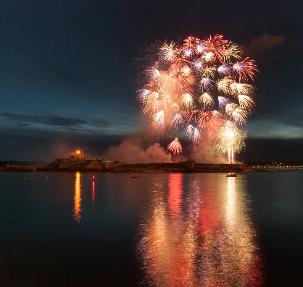 Fireworks over Elizabeth Castle, from La Collette Marina, St. Helier, Jersey, Channel Islands