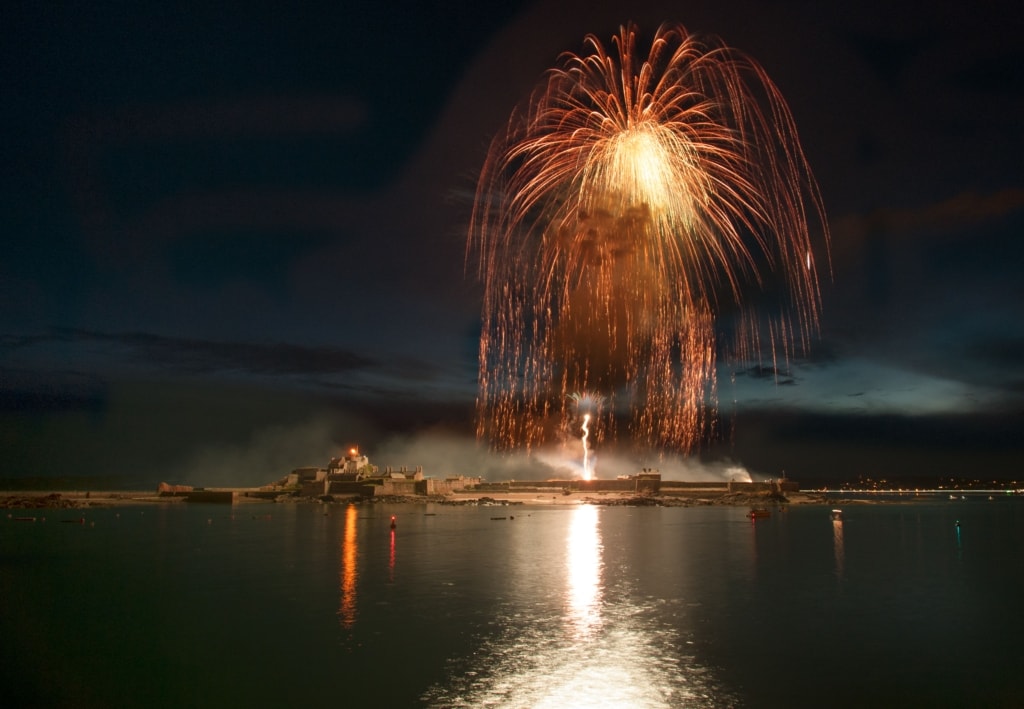 Fireworks over Elizabeth Castle, from La Collette Marina, St. Helier, Jersey, Channel Islands