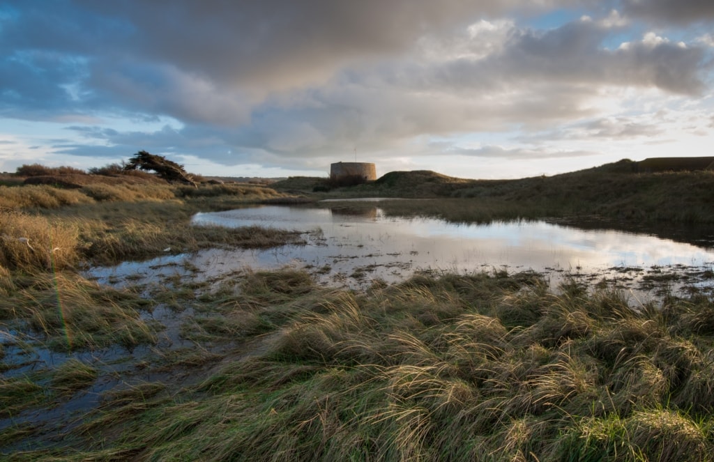 Temporary flood pond after heavy rains, at Kempt Tower, St. Ouen, Jersey, Channel Islands