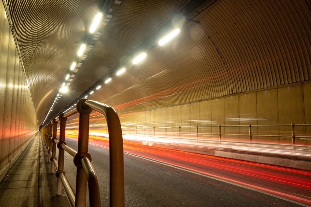 Light trails from the traffic in The Tunnel, St. Helier, Jersey, Channel Islands