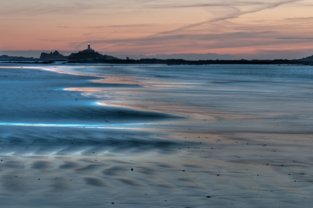 Sand patterns looking down the beach towards Corbiere Lighthouse, from in between Le Braye and El Tico, St. Ouen's Bay, St. Peter, Jersey, Channel Islands