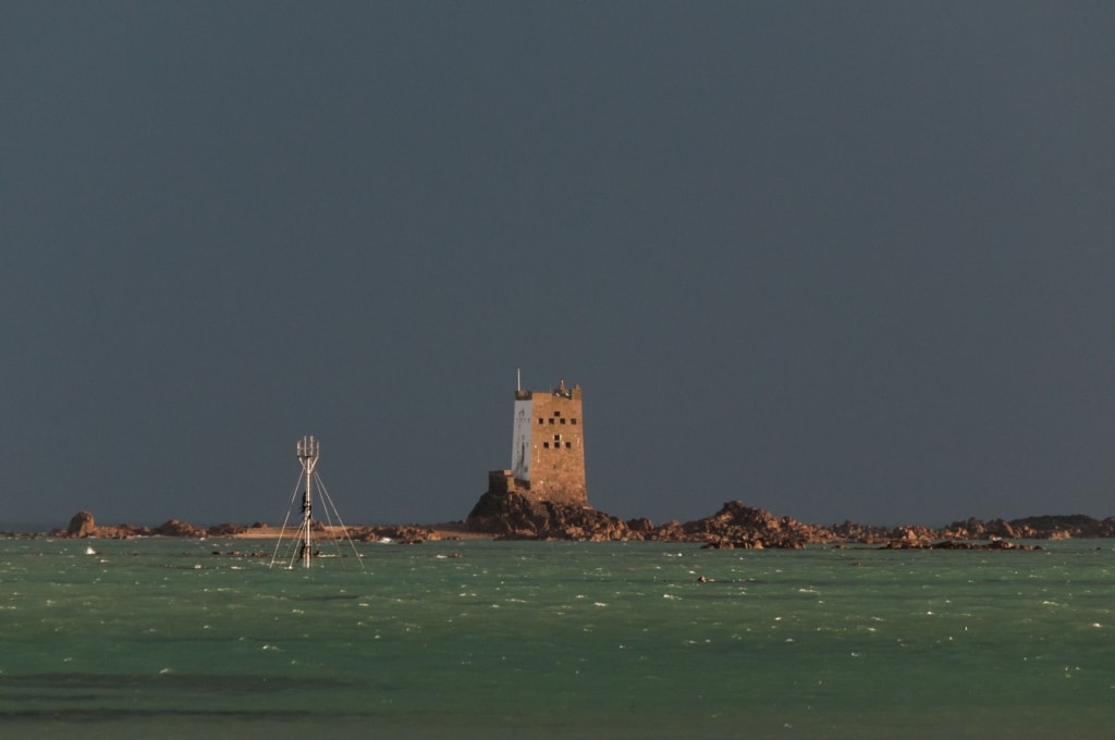 Looking out to sea on a wet and rainy day at Seymour Tower, Grouville, Jersey, Channel Islands