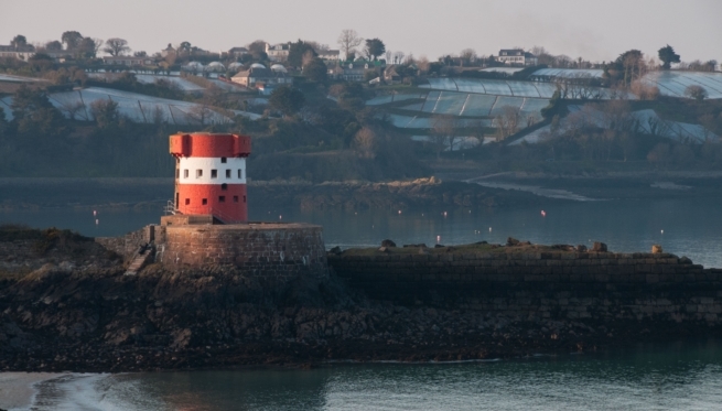 Red and white Martello Tower at Archirondel, St. Martin, with cotils full of growing Jersey Royal New Potatoes behind, Jersey, Channel Islands