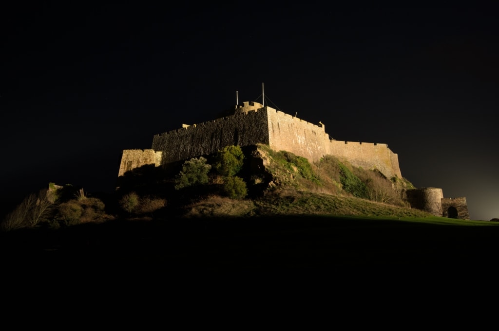 Night lights on Mont Orgueil Castle, (Gorey Castle), Castle Green, Gorey, St. Martin, Jersey, Channel Islands