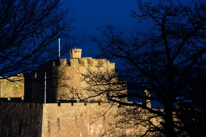 Night lights on Mont Orgueil Castle (Gorey Castle), Victoria Tower Common, Gorey, St. Martin, Jersey, Channel Islands