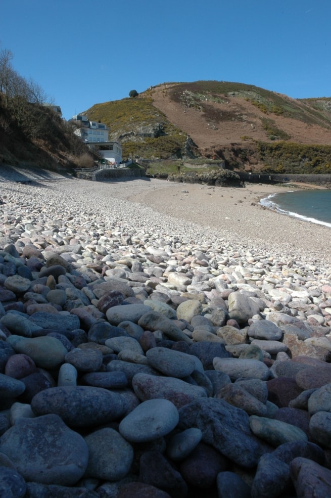 Pebble beach at Bouley Bay, Trinity, Jersey, Channel Islands