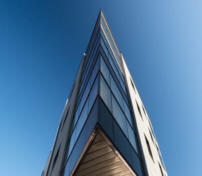 Sharp angled building at the bus station, St. Helier, Jersey, Channel Islands