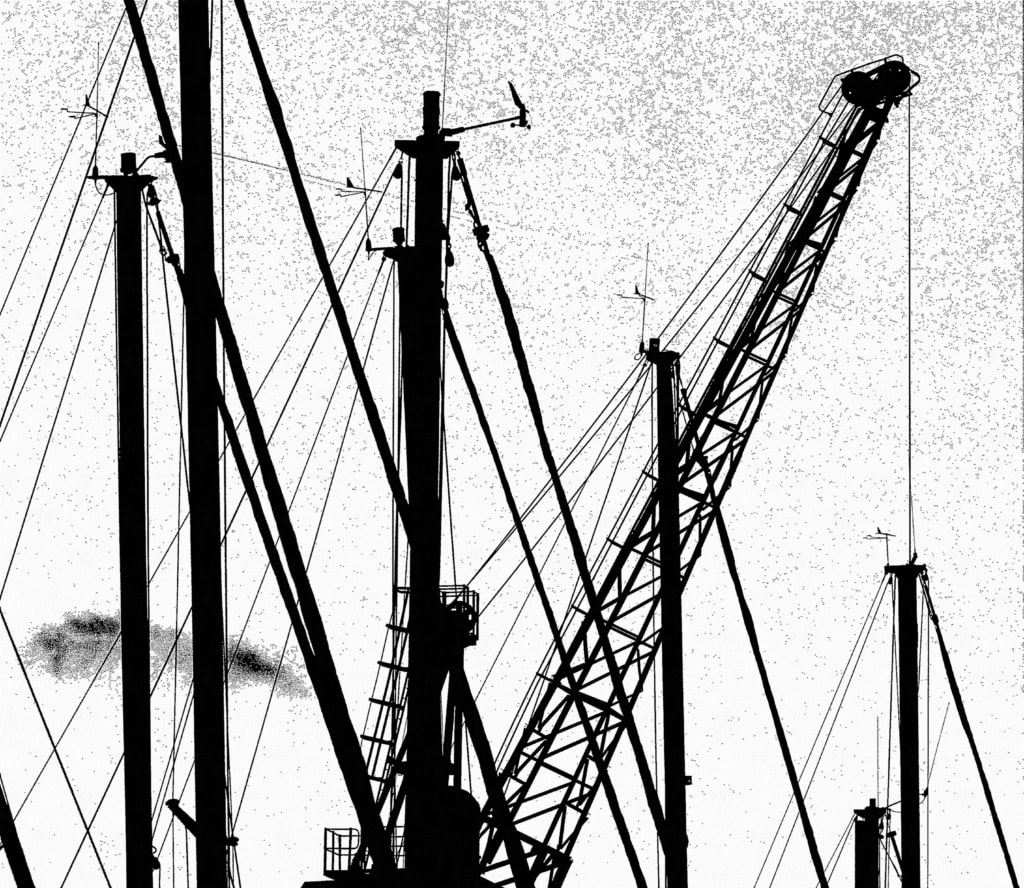 Silhouette showing boat masts and a crane on New North Quay, St. Helier Harbour, St. Helier, Jersey, Channel Islands