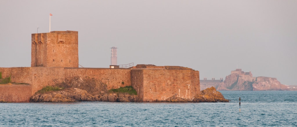 St. Aubin's Fort and The Power Station and Elizabeth Castle, St. Aubin, St. Brelade, Jersey, Channel Islands