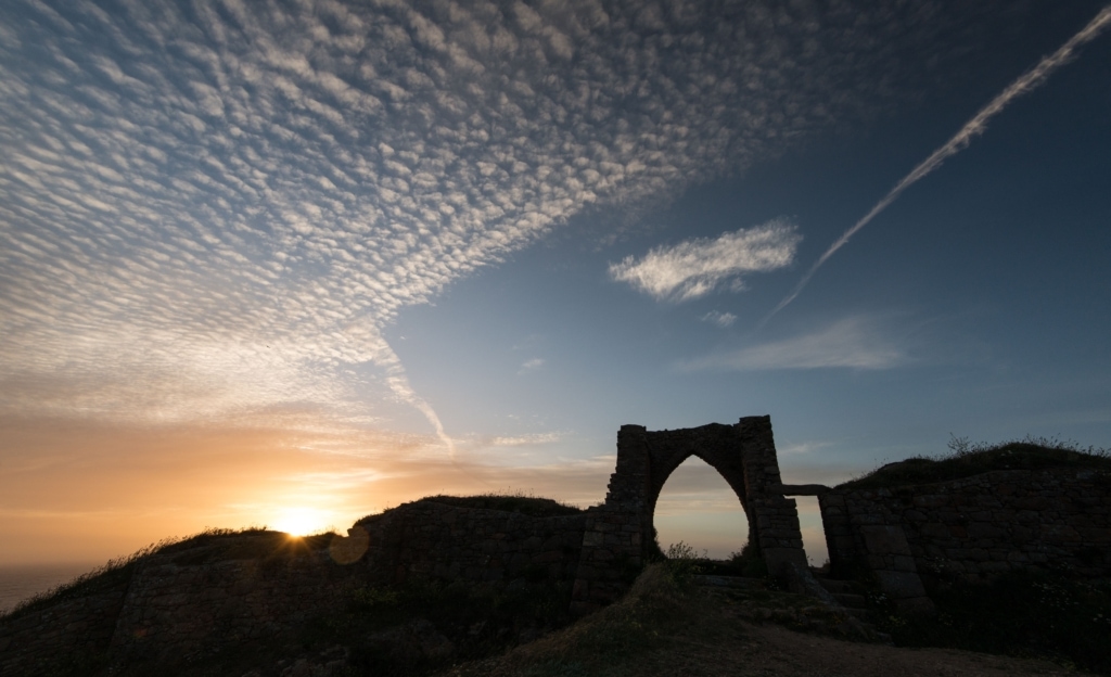 The ruins of Grosnez Castle at sunset, St. Ouen, Jersey, Channel Islands